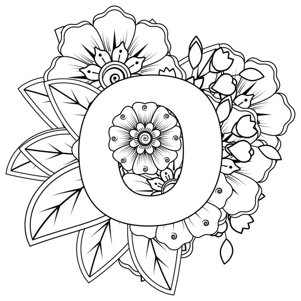 letter o met mehndi-bloem. decoratief ornament in etnisch oosters vector