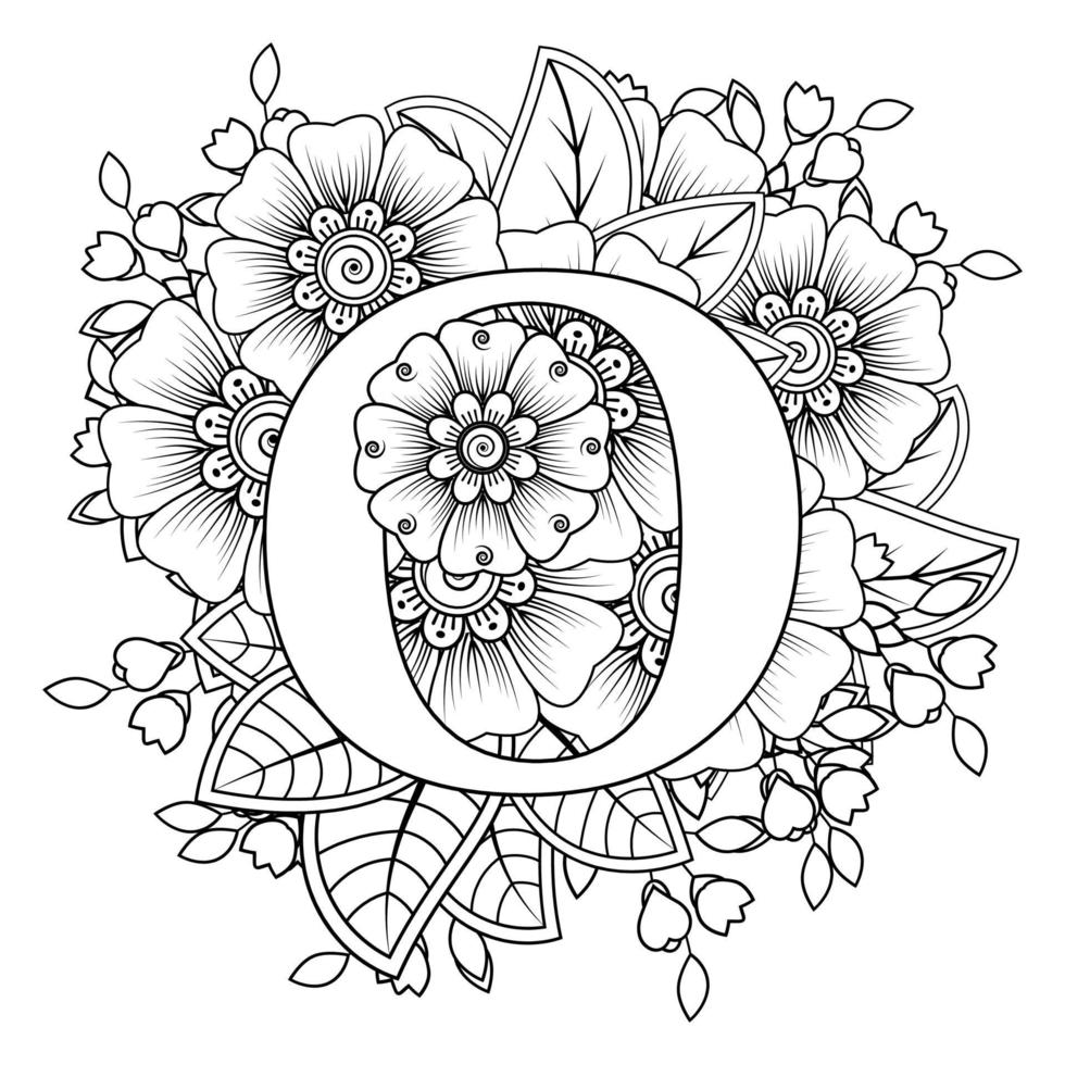 letter o met mehndi-bloem. decoratief ornament in etnisch oosters vector
