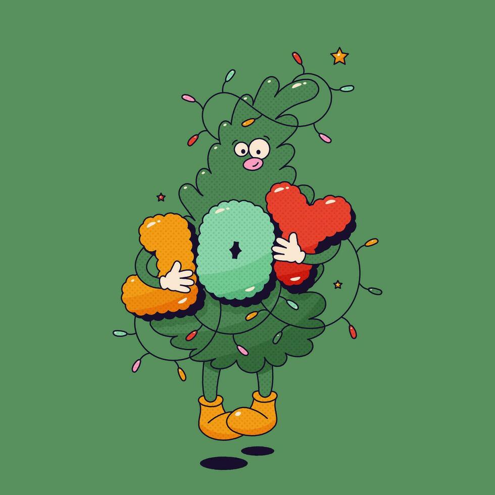 Kerstmis groovy mascotte boom karakter met brieven vreugde en slinger Aan groen achtergrond. vector