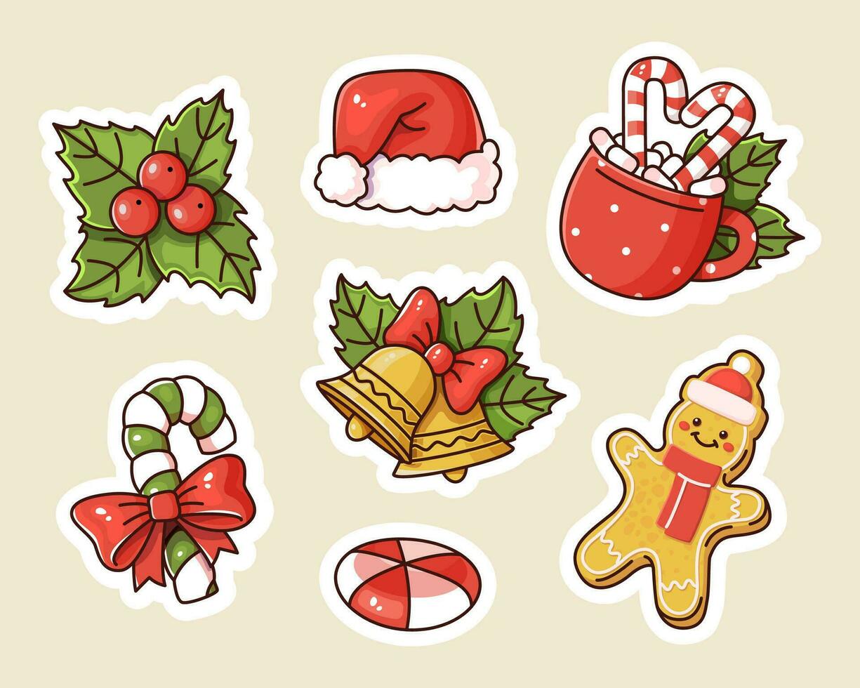 feestelijk tekenfilm stickers met hulst, de kerstman hoed, snoepgoed en bellen. vector