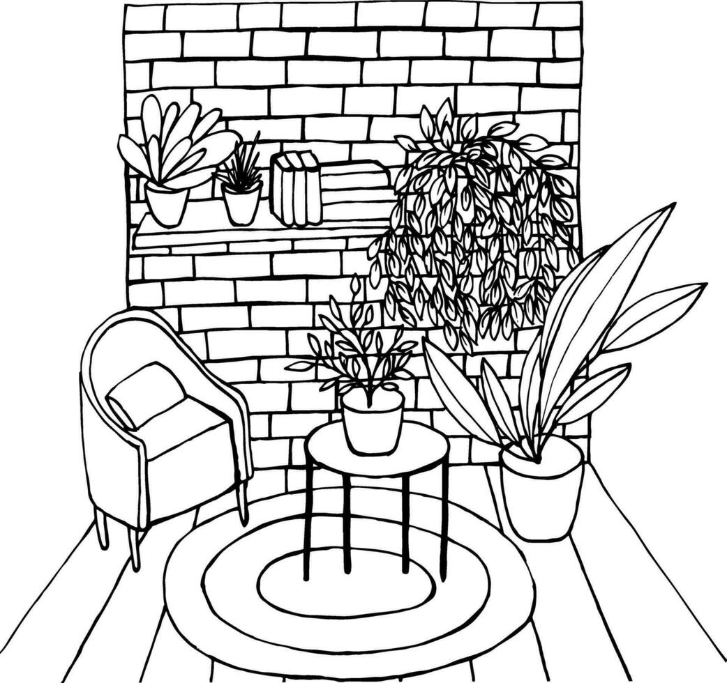 knus terras interieur kleur bladzijde. hand- getrokken schattig terras met planten, fauteuil en weinig koffie tafel. kleur boek voor kinderen en volwassenen. vector voorraad illustratie.