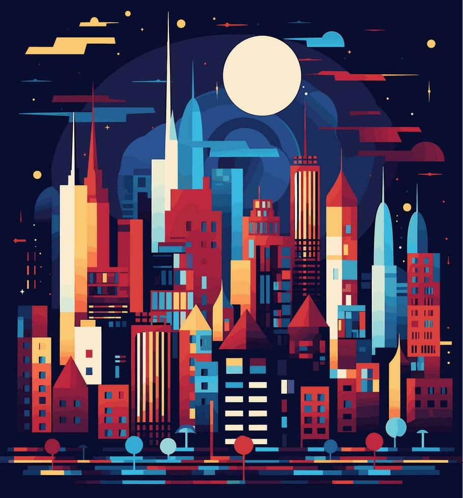 stad Bij nacht. modern stadsgezicht. vector illustratie in vlak stijl