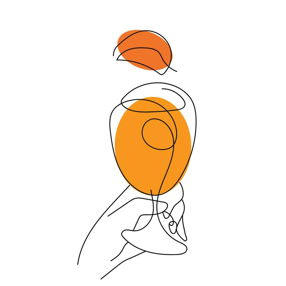 hand- houdt een glas met een drankje. doorlopend een lijn tekening. oranje alcoholisch drankje, tropisch cocktail, fruit sap. geroosterd brood, Gefeliciteerd, proost. viering, feest. vector geïsoleerd Aan wit.