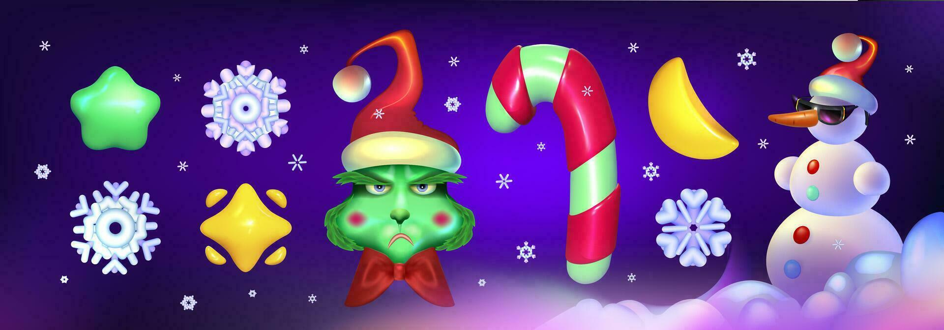 vrolijk Kerstmis en gelukkig nieuw jaar reeks . schattig tekenfilm sneeuwman, grijns, snoep riet, sneeuwvlokken, sterren. vector illustratie. eps 10
