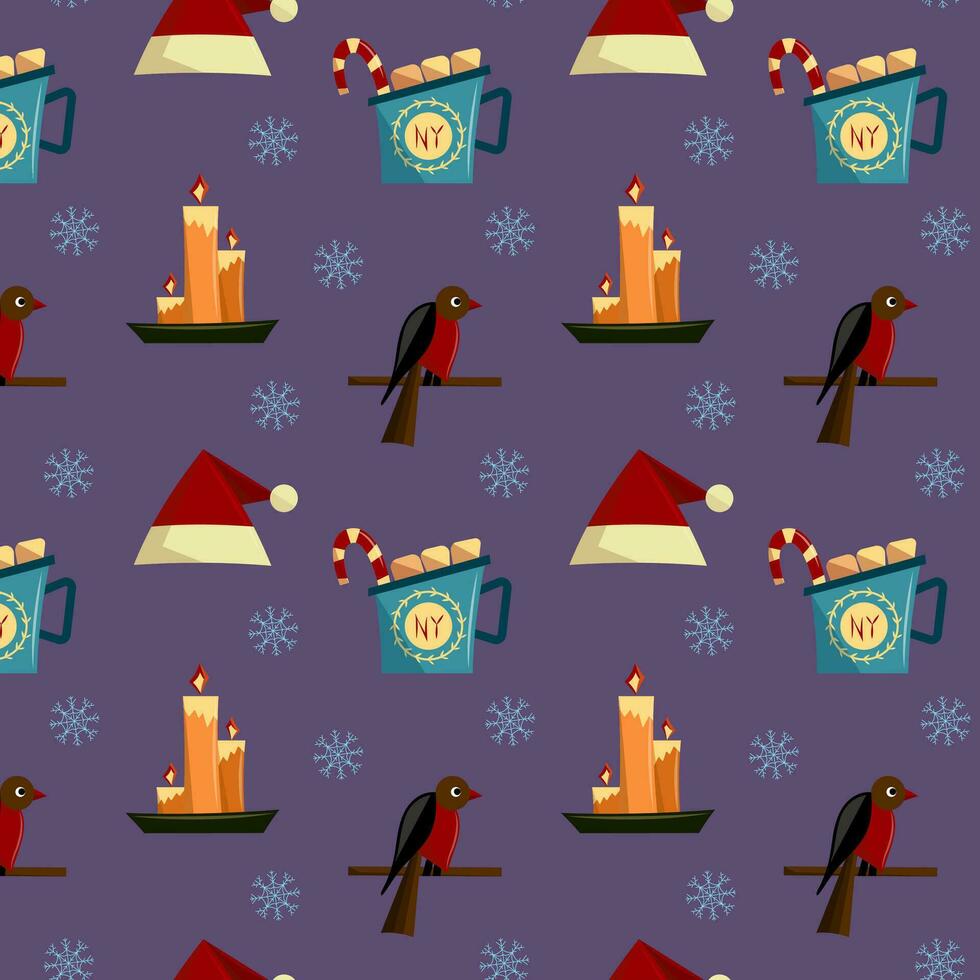 feestelijk naadloos patroon met Kerstmis elementen Aan Purper achtergrond. nieuw jaar helder gekleurde pakket. vlak vector illustratie.
