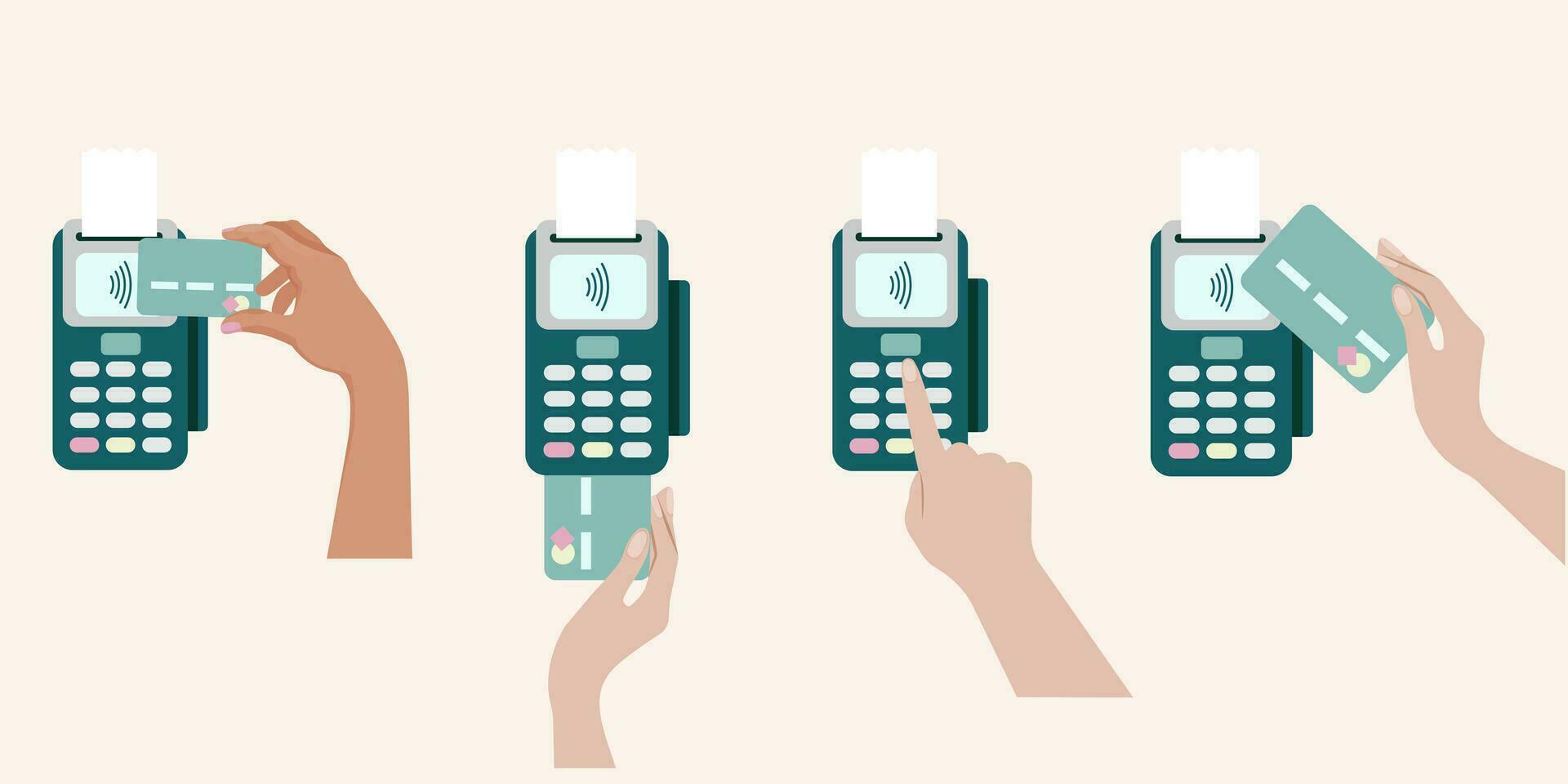 contactloos zonder contant geld betalingen met credit kaarten set. handen betalen met pos terminals en nfc technologie. vlak grafisch vector illustratie geïsoleerd Aan achtergrond