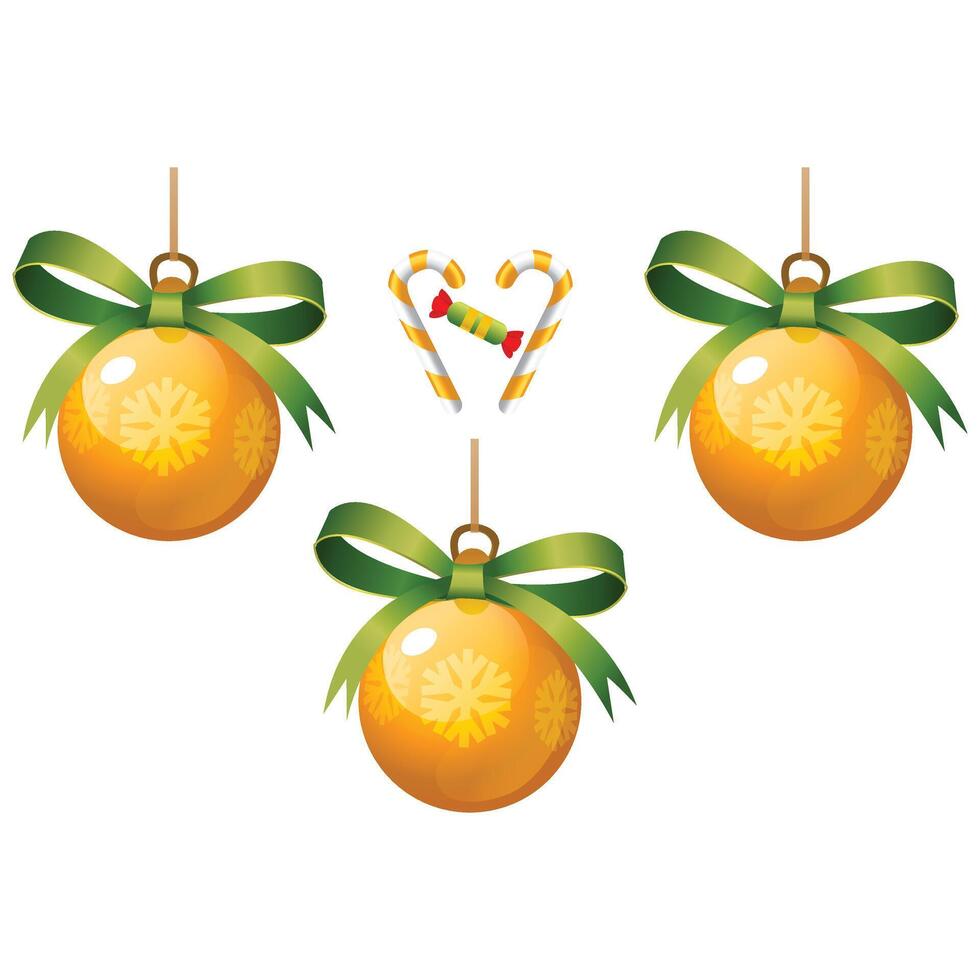 drie kleur Kerstmis bal reeks drie geel Kerstmis ballen met groen bessen en bogen vector