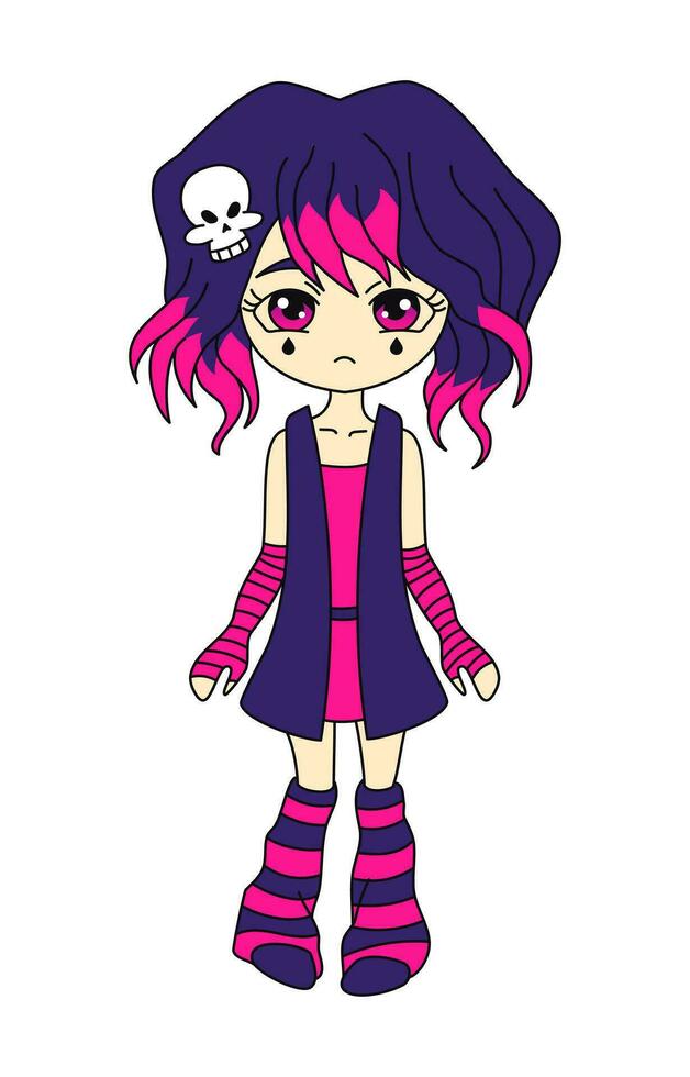 jong emo meisje anime karakter. y2k stijl. zwart en roze. vector vlak illustratie geïsoleerd Aan wit achtergrond.