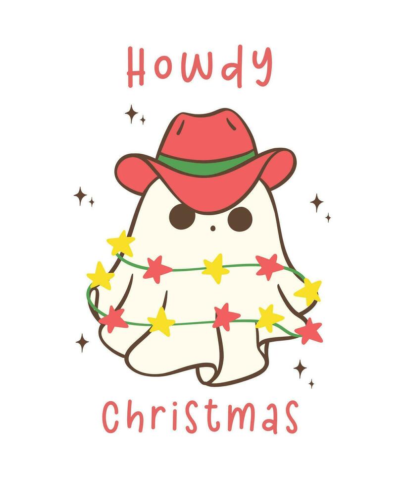 schattig en kawaii Kerstmis cowboy geest in een feestelijk hand- tekening. deze aanbiddelijk houding, met een hoed en licht, voegt toe eigenzinnigheid en vreugde naar uw feestelijk projecten. vector