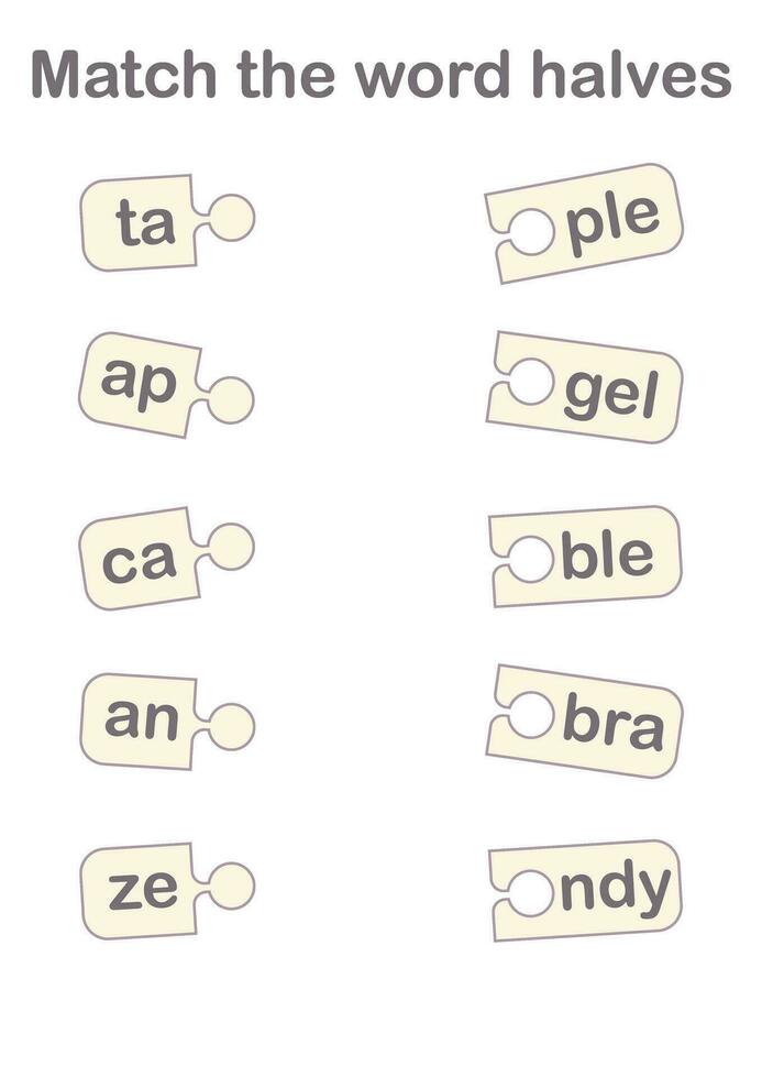 bij elkaar passen de woord helften. leerzaam spel. werkbladen voor kinderen vector