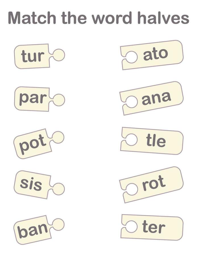 bij elkaar passen de woord helften. leerzaam spel. werkbladen voor kinderen vector