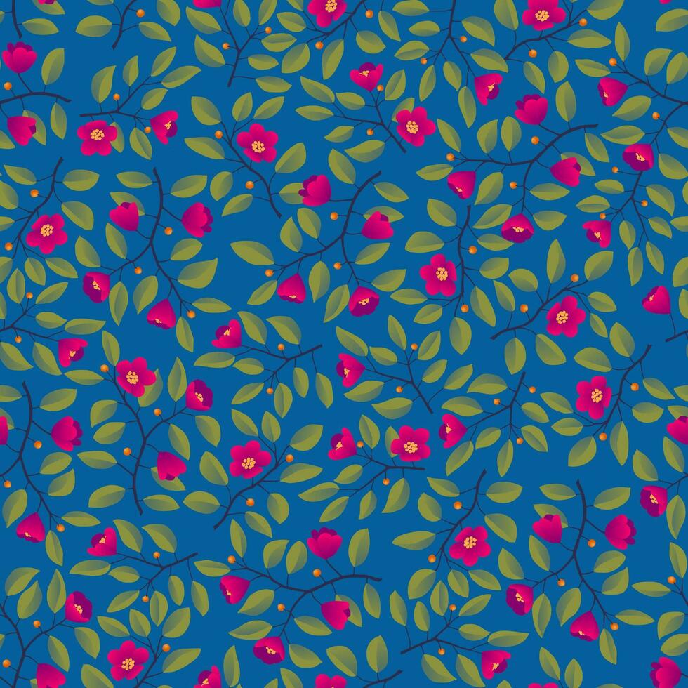 bloemen achtergrond - naadloos patroon, takken met bladeren en helder magenta bloemen Aan blauw. vector illustratie, ontwerp voor behang, textiel, kleding stof, inpakken.