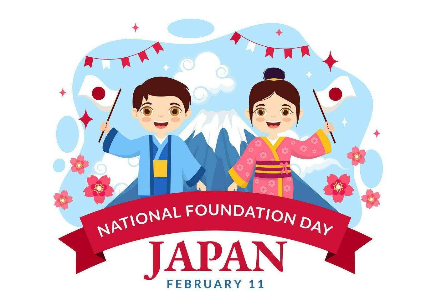 gelukkig Japan nationaal fundament dag vector illustratie Aan februari 11 met beroemd Japans oriëntatiepunten en vlag in vlak kinderen tekenfilm achtergrond