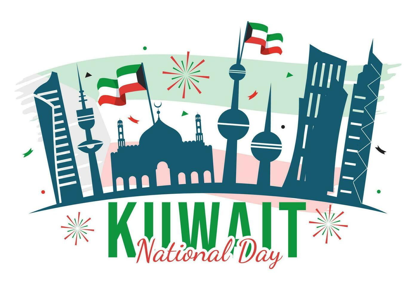 nationaal Koeweit dag vector illustratie Aan februari 25e met mijlpaal, golvend vlag en onafhankelijkheid viering in vlak tekenfilm achtergrond