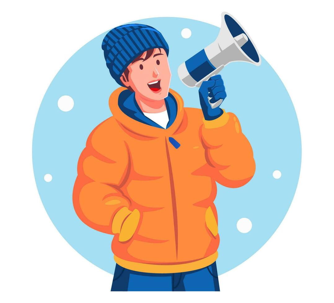 een Mens Holding een megafoon met sneeuwvlokken vector