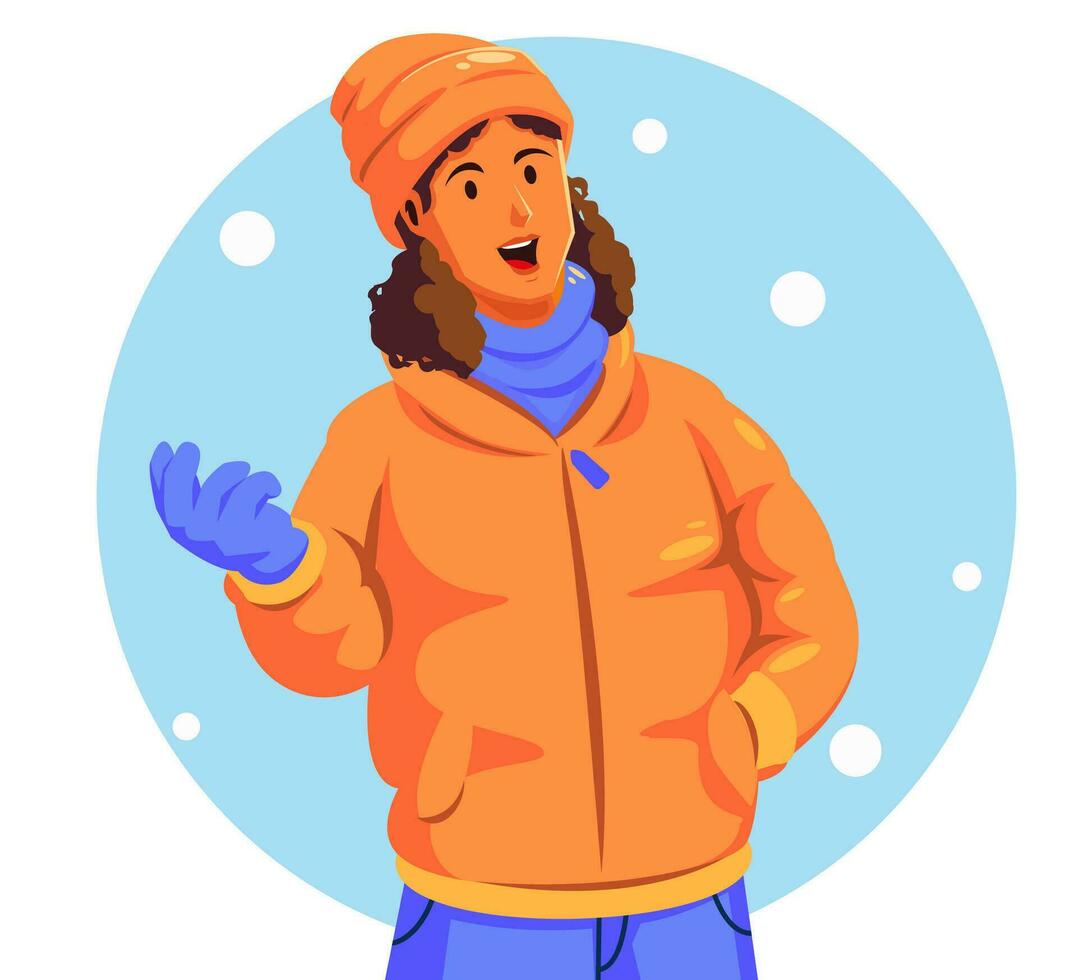 illustratie van een vrouw in een warm jasje Holding een sneeuwvlok vector