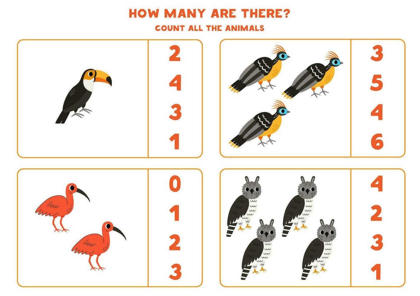 tellen allemaal zuiden Amerikaans vogelstand en cirkel de correct antwoorden. vector