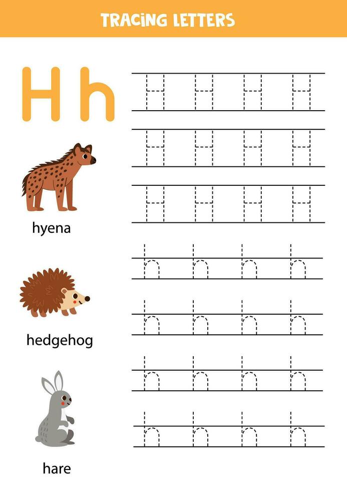 traceren alfabet brieven voor kinderen. dier alfabet. brief h is voor hyena egel en haas. vector