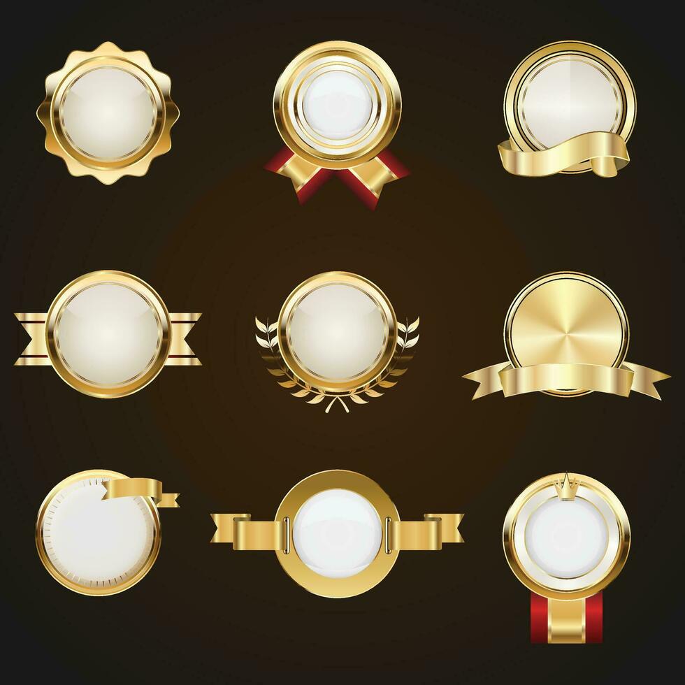 luxe gouden badges en etiketten. retro wijnoogst cirkel insigne ontwerp vector