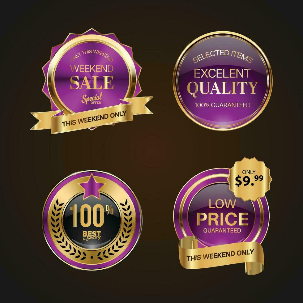 luxe gouden Purper uitverkoop badges en etiketten. retro wijnoogst uitverkoop cirkel insigne ontwerp vector