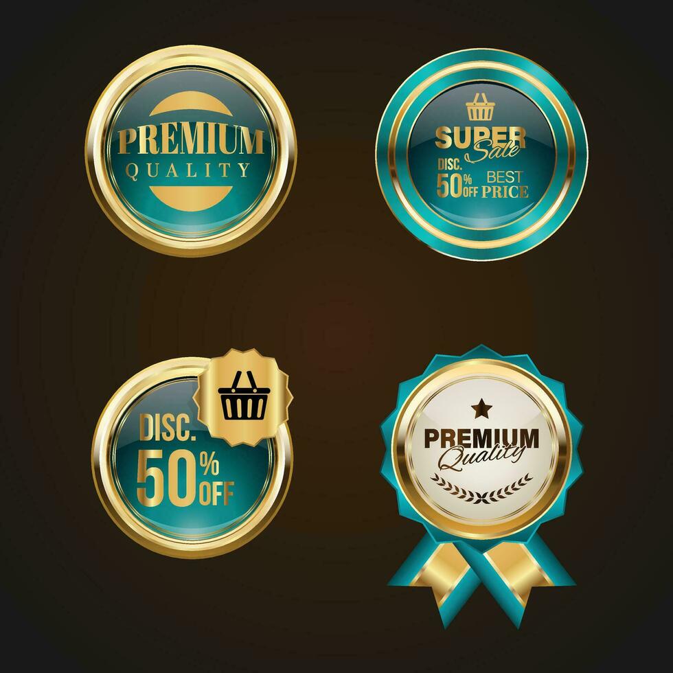 luxe gouden groen uitverkoop badges en etiketten. retro wijnoogst uitverkoop cirkel insigne ontwerp vector