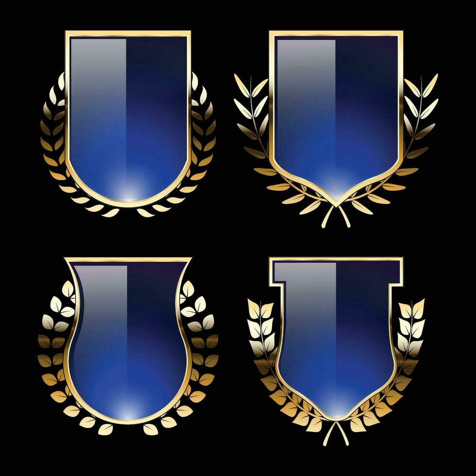 luxe gouden blauw schild badges en etiketten. retro wijnoogst heraldisch schild insigne ontwerp vector