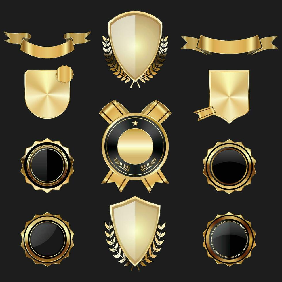 luxe gouden badges en etiketten. retro wijnoogst cirkel insigne ontwerp vector