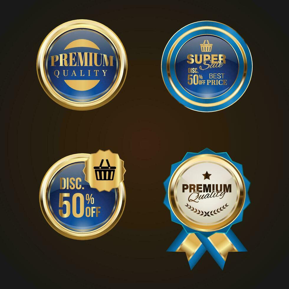 luxe gouden blauw uitverkoop badges en etiketten. retro wijnoogst uitverkoop cirkel insigne ontwerp vector