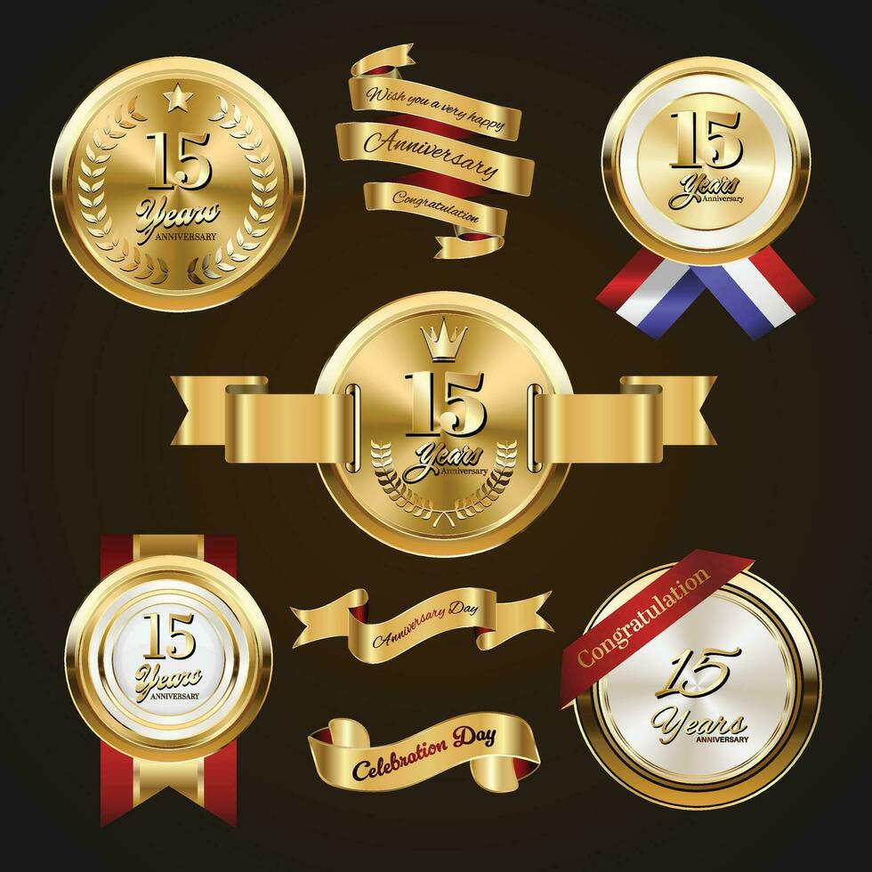 15 jaren verjaardag logo met gouden lintje. reeks van wijnoogst verjaardag badges viering vector