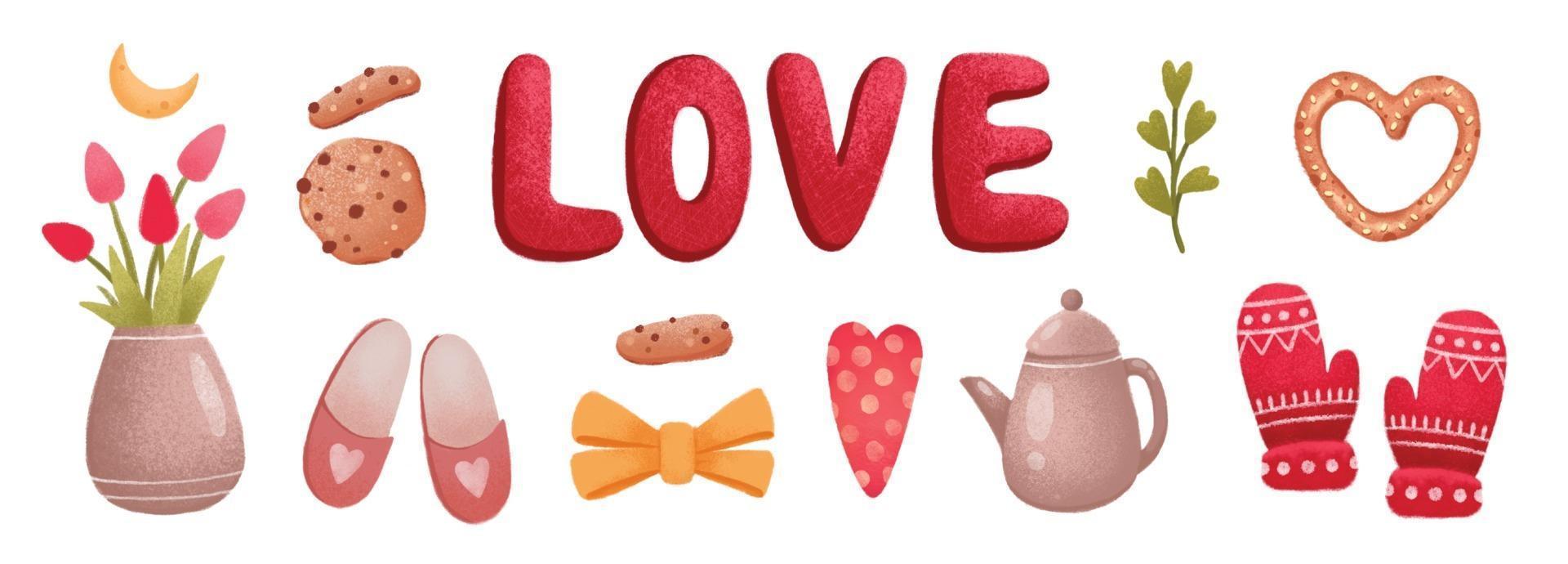 liefde Valentijnsdag icon set, tulp, koekje, pantoffels, handschoenen, harten vector