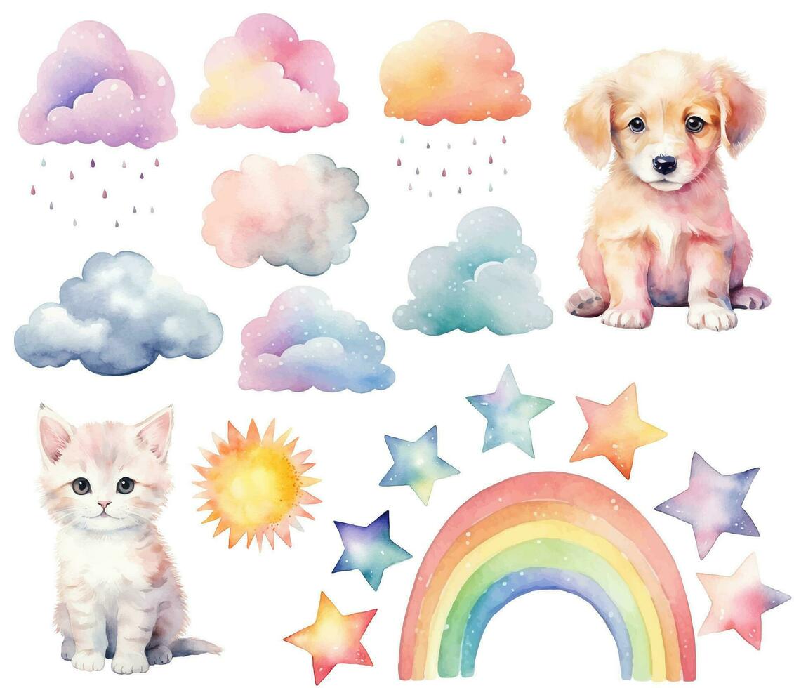 waterverf pup, pot. reeks van vector hand- getrokken kinderkamer elementen, wolken regenboog, sterren, muur stickers