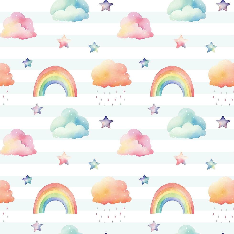 naadloos kleurrijk sterren regenboog wolken patroon. waterverf sterren regenbogen vector achtergrond in pastel kleuren