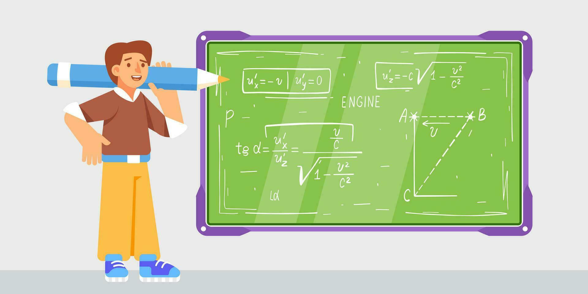 vector illustratie van een leerling Bij een schoolbord met wiskundig formules in een tekenfilm stijl.