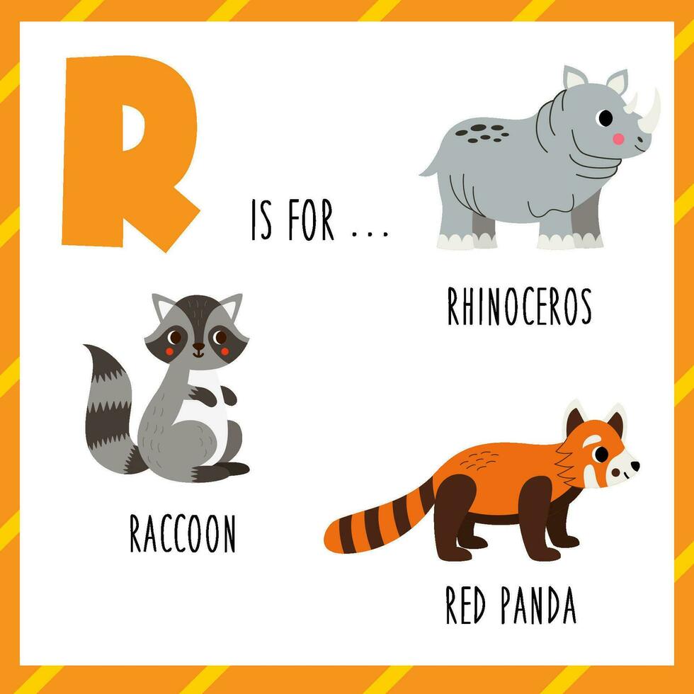 aan het leren Engels alfabet voor kinderen. brief r. schattig tekenfilm rood panda, wasbeer, neushoorn. vector