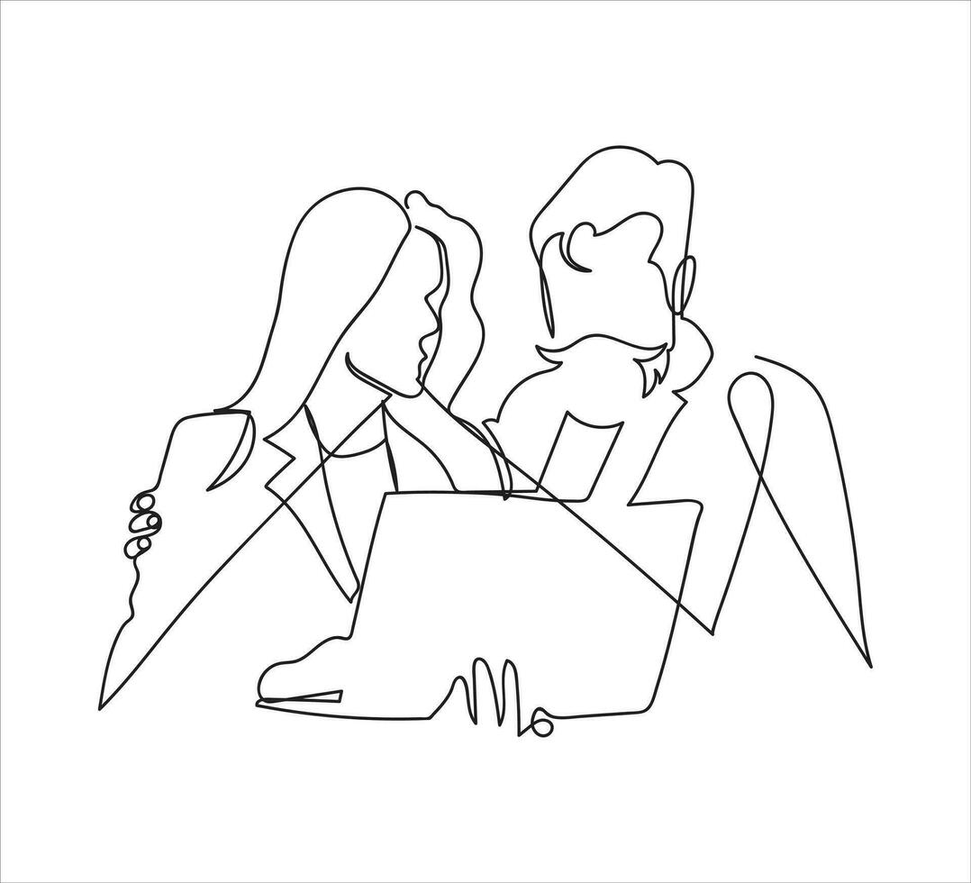 doorlopend een lijn tekening zakenman en vrouw hebben een discussie bedrijf activiteiten vector