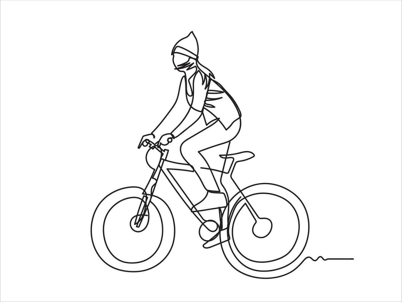 tekening gelukkig mensen rijden fiets wereld fiets dag concept doorlopend lijn tekening vector illustratie