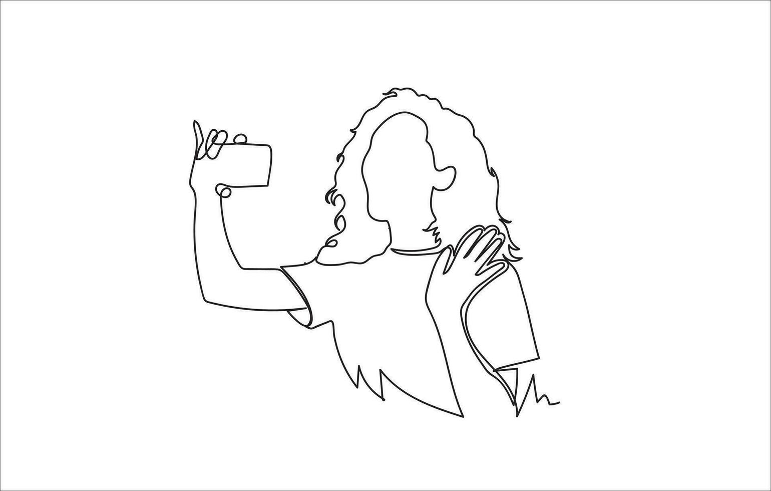 tekening gelukkig vrouw maken een vlog inhoud met smartphone sociaal media concept doorlopend lijn tekening vector