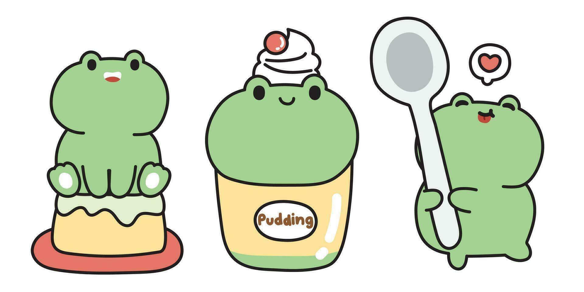 reeks van schattig kikker in matcha groen thee pudding concept. lief en dessert.reptiel dier karakter tekenfilm ontwerp collectie.kawaii.vector.illustratie. vector