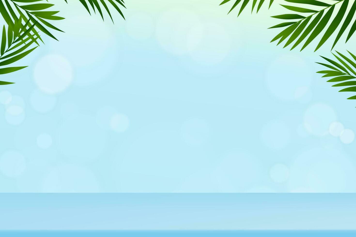zomer achtergrond, atelier Scherm podium met groen kokosnoot palm bladeren grens met wazig bokeh licht Aan blauw kleur, vector backdrop banier sjabloon voor kortingspromotie met Product Scherm bespotten omhoog