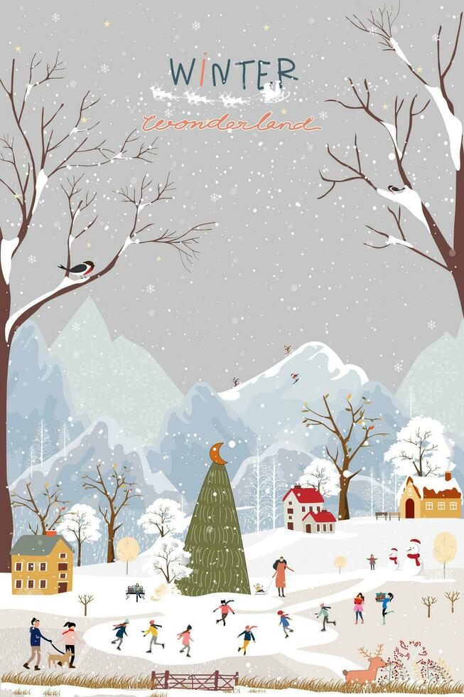 winter stad achtergrond, kerstmis ,nieuwe jaar mensen vieren Aan vakantie seizoen, vector tekenfilm panorama winter wonderland in stadsgezicht familie gelukkig vakantie kinderen rodelen, skiën in buitenshuis park