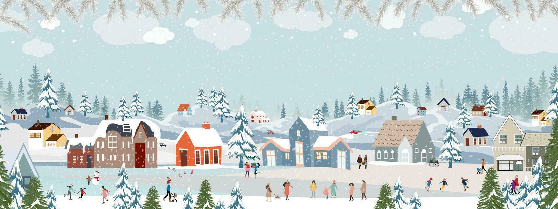 Kerstmis achtergrond, winter landschap, vieren kerst, nieuw jaar 2024 in dorp Bij nacht met mensen spelen ijs vleet in de park, vector horizontaal banier winter wonderland in dorp