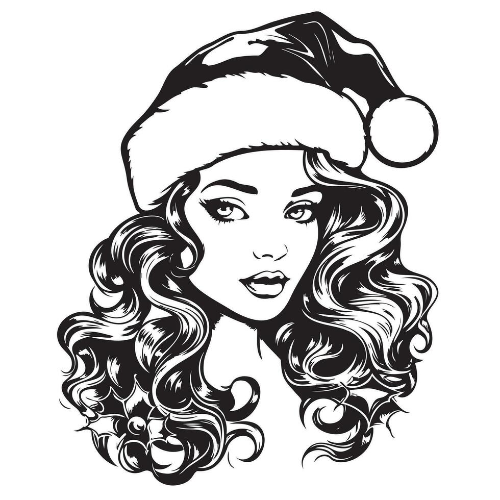 mooi meisje met lang haar. vector illustratie voor groet kaart of poster, afdrukken Aan kleren. mode, nieuw jaar en kerstmis, de kerstman hoed.