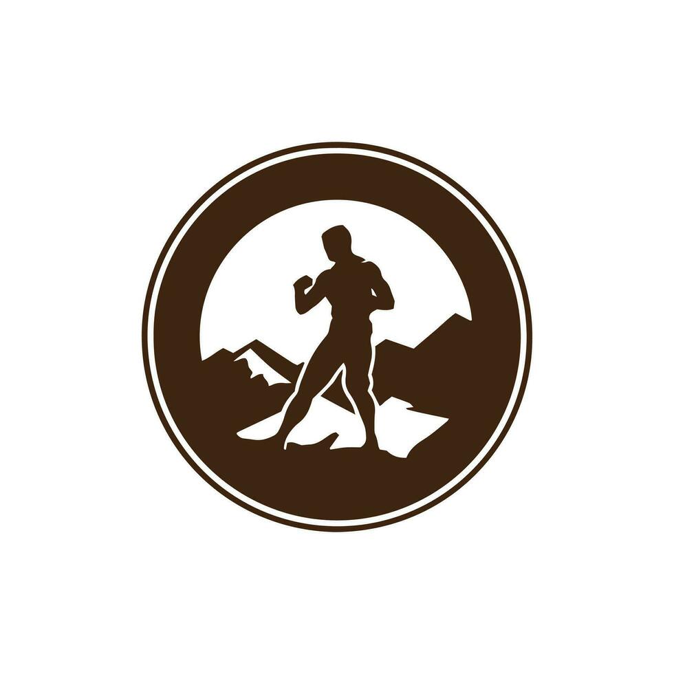 logo van Mens icoon vector silhouet geïsoleerd ontwerp in cirkel bodybuilder, Sportschool concept bruin silhouet