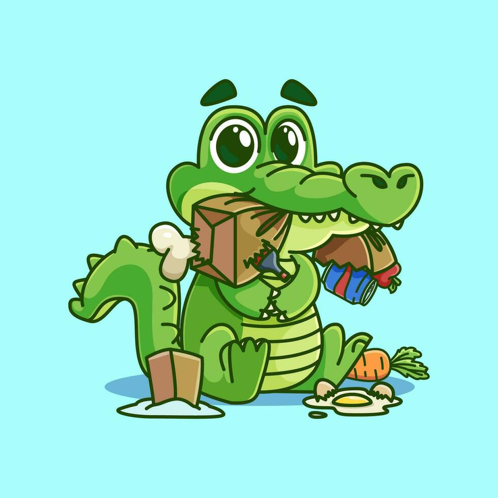 schattig tekenfilm krokodil mascotte aan het eten kruidenier tas.schattig tekenfilm mascotte illustratie vector