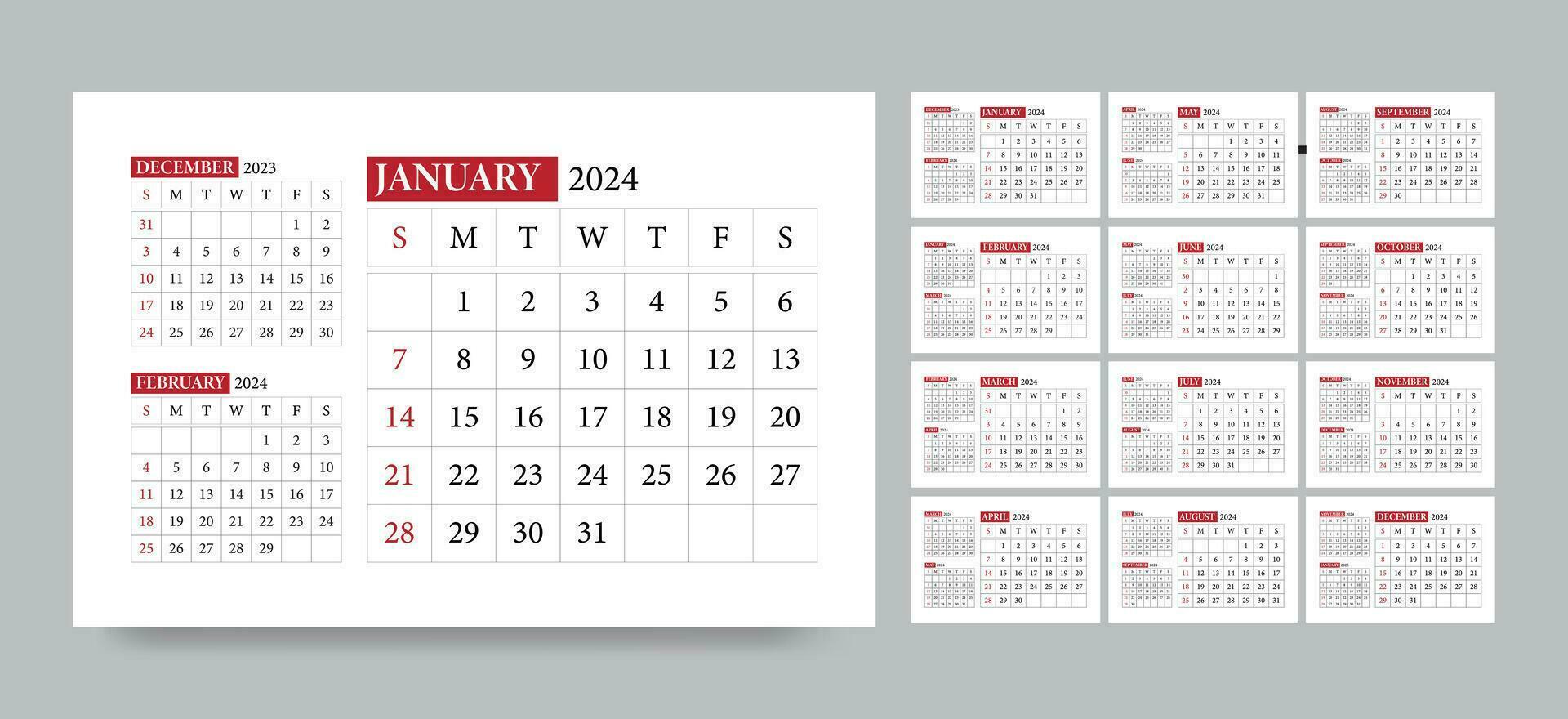 kalender ontwerp voor 2024 jaar, maandelijks kalender sjabloon, kalender 2024 week begin zondag, ontwerper voor 2024 jaar. vector