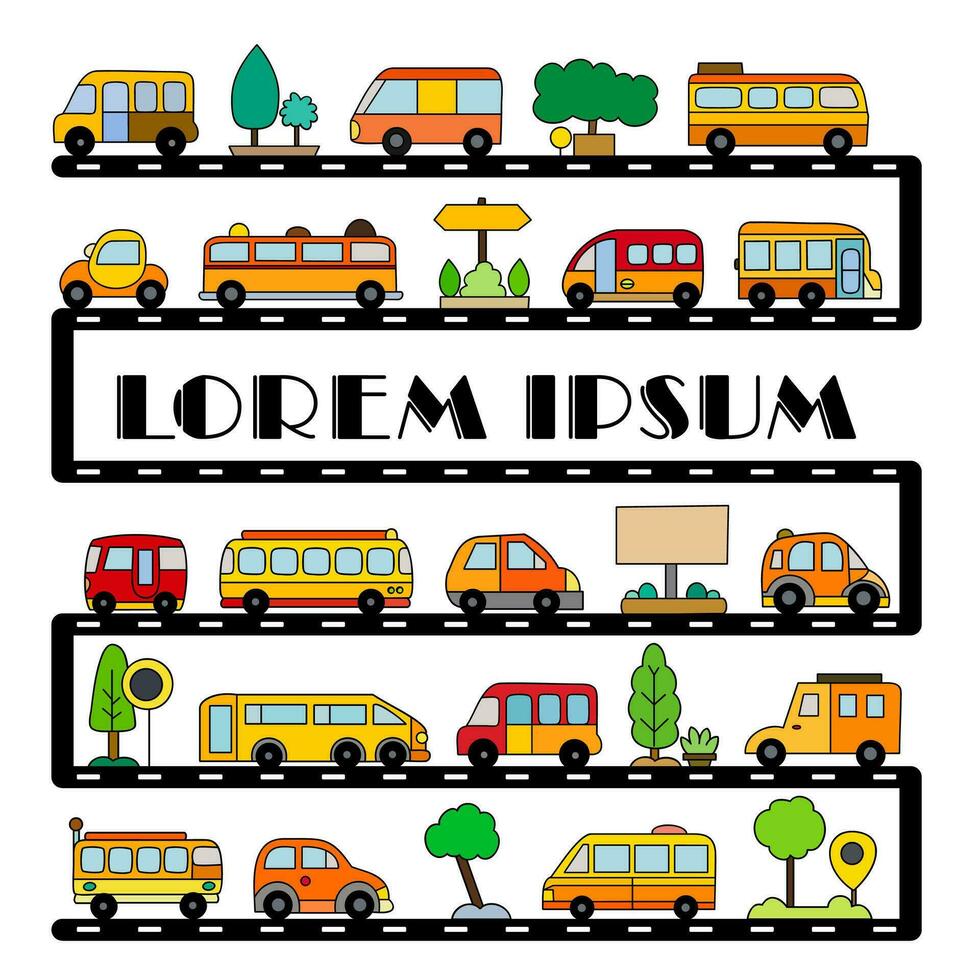 geel en rood bus voertuig, hand- getrokken, vervoer achtergrond, vlak tekenfilm elementen voor presentatie omslag, vector illustratie.
