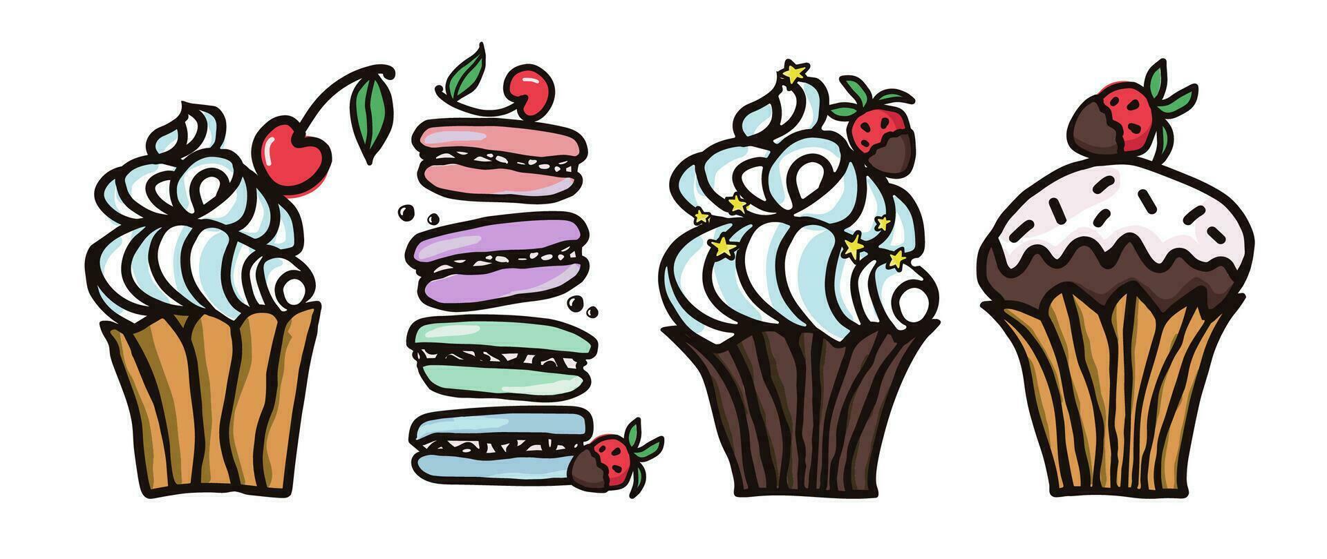 zoet voedsel vector vaag illustraties verzameling van desserts. bitterkoekjes, muffin, pudding, taart met fruit. hand- getrokken kleurrijk vector illustratie geïsoleerd Aan wit achtergrond.