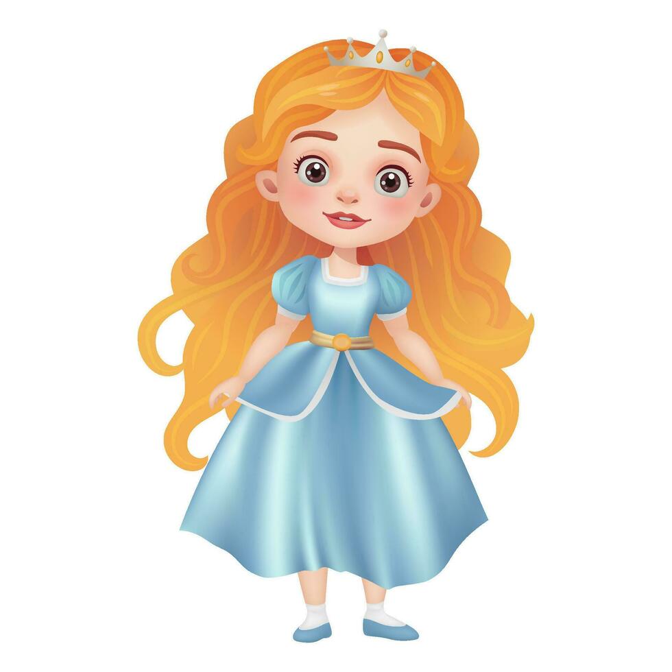 3d illustratie van een schattig prinses pop met een mooi jurk, kroon, en mooi gezicht. magisch prinses, perfect voor fee verhaal thema's. de karakter is geïsoleerd niet ai gegenereerd. vector