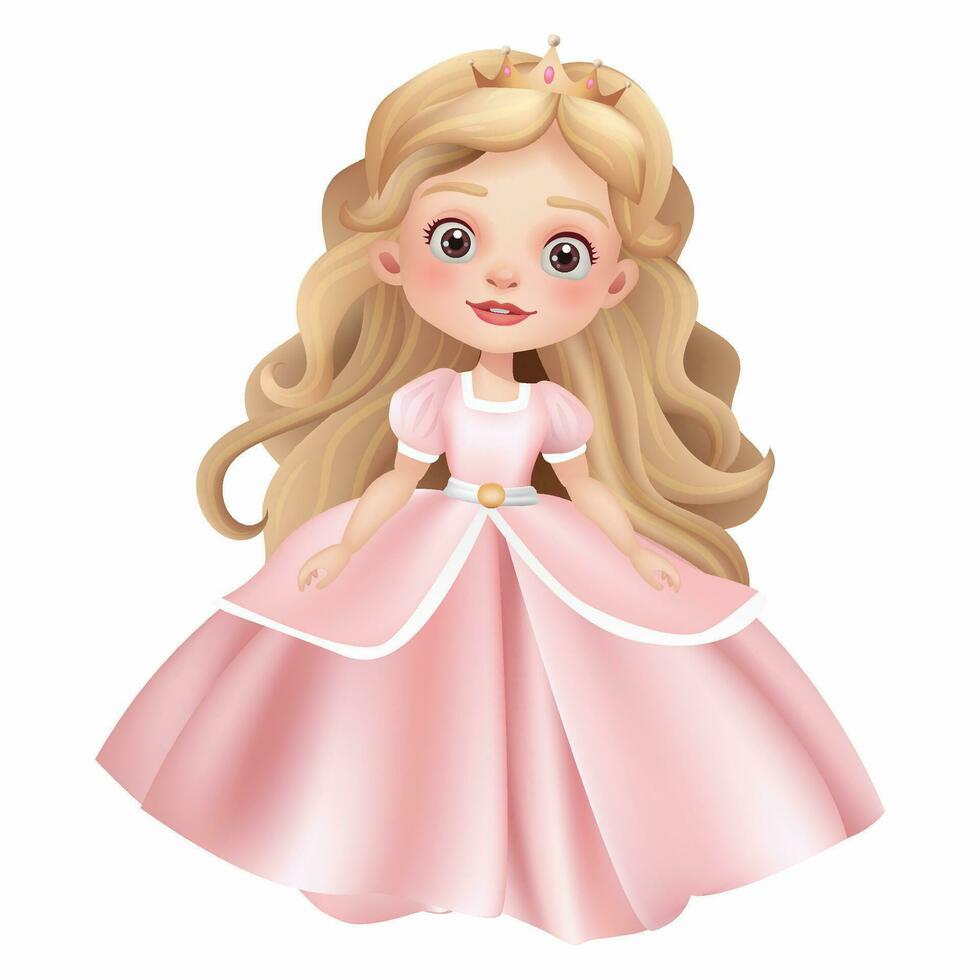 3d illustratie van een schattig prinses pop met een mooi jurk, kroon, en mooi gezicht. magisch prinses, perfect voor fee verhaal thema's. de karakter is geïsoleerd niet ai gegenereerd. vector