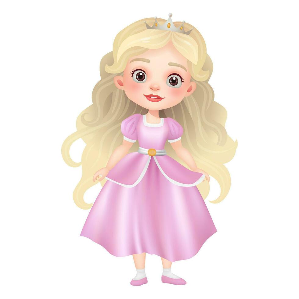 3d illustratie van een schattig prinses pop met een mooi jurk, kroon, en mooi gezicht. magisch prinses, perfect voor fee verhaal thema's. de karakter is geïsoleerd niet ai gegenereerd. vector